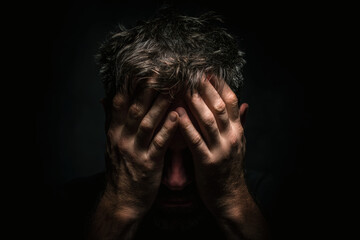 Man Alone in Darkness with Head in Hands
