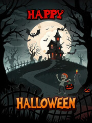 Spooky haunted house on hill under full moon bats flying happy halloween greeting