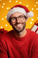 Smiling man in santa hat with festive lights and gifts background