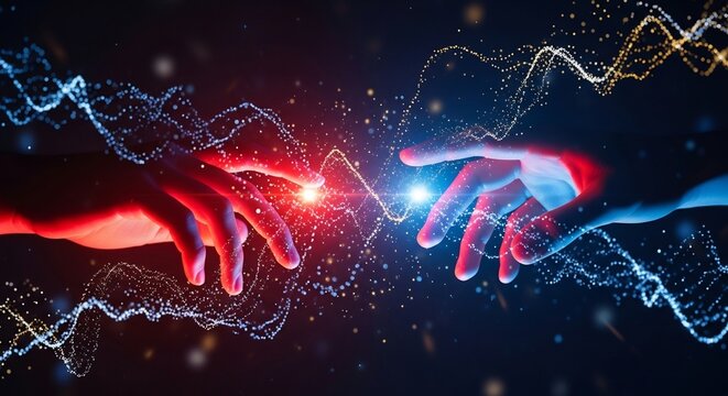 A Digital Spark of Creation: Red and Blue Hands Conjuring Luminous Particle Waves.