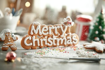 Festive cookie letters arranged on floured table for merry christmas celebration