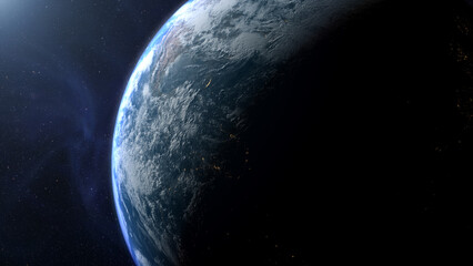 Cinematic view of Earth from space, with glowing city lights, swirling clouds, and the planet’s curve at dawn, dramatic atmosphere and outer space background