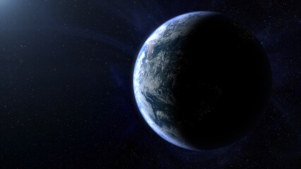 Cinematic view of Earth from space, with glowing city lights, swirling clouds, and the planet’s curve at dawn, dramatic atmosphere and outer space background