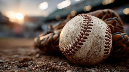 Baseball resting on dirt near glove during sunset at a baseball field in summer