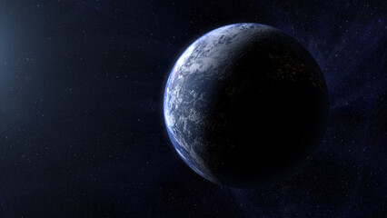 Cinematic view of Earth from space, with glowing city lights, swirling clouds, and the planet’s curve at dawn, dramatic atmosphere and outer space background