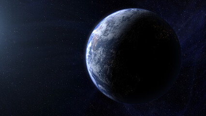 Cinematic view of Earth from space, with glowing city lights, swirling clouds, and the planet’s curve at dawn, dramatic atmosphere and outer space background