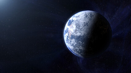 Cinematic view of Earth from space, with glowing city lights, swirling clouds, and the planet’s curve at dawn, dramatic atmosphere and outer space background