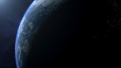 Cinematic view of Earth from space, with glowing city lights, swirling clouds, and the planet’s curve at dawn, dramatic atmosphere and outer space background