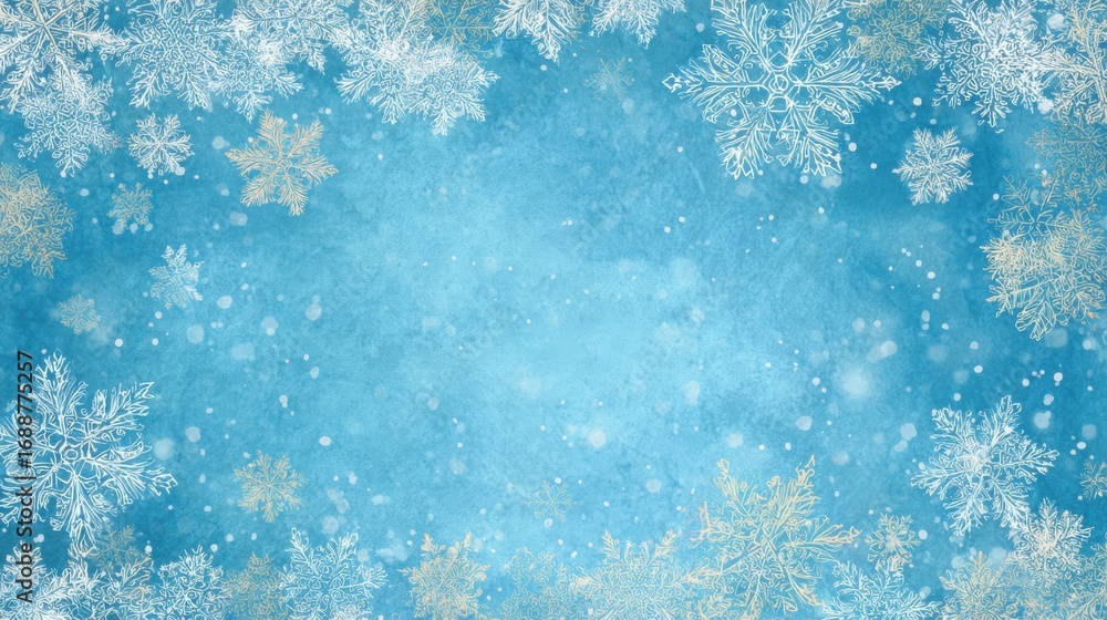 Poster delicate snowflakes of various sizes float gently across a calming blue backdrop. the scene evokes t