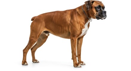 A beautiful brown Boxer dog standing in a side profile view against a clean white background.