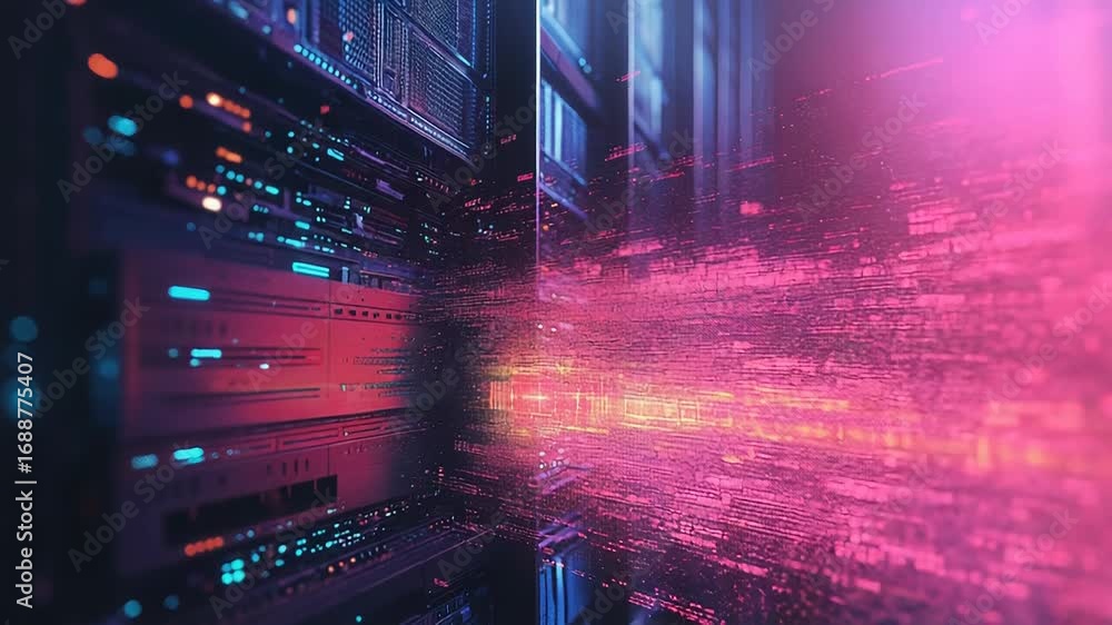 Aufkleber server racks processing data stream in futuristic data center
