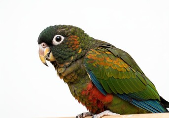 A beautiful conure parrot perched on a branch against a white background.