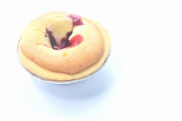 butter cake filling strawberry jam in aluminum tray on white background