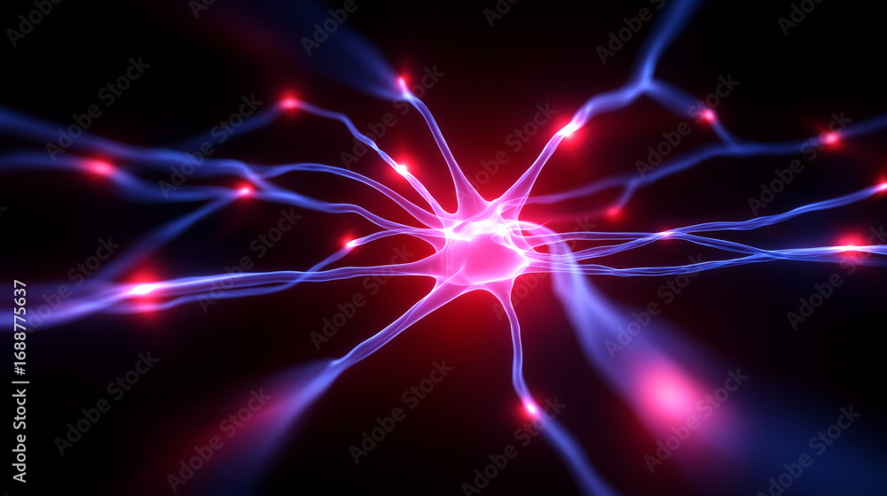 Poster 3d visualization of interconnected glowing neurons in a neural network with vibrant pink and blue to