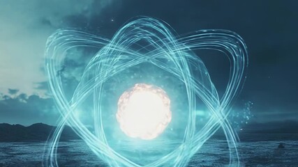 Atom particle glowing over volcanic landscape at night - Powered by Adobe