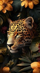A close-up of a leopard looking straight into the camera among exotic plants and flowers in the jungle, a fashion brand advertisement, a fashion photo.