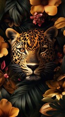 A close-up of a leopard looking straight into the camera among exotic plants and flowers in the jungle, a fashion brand advertisement, a fashion photo.