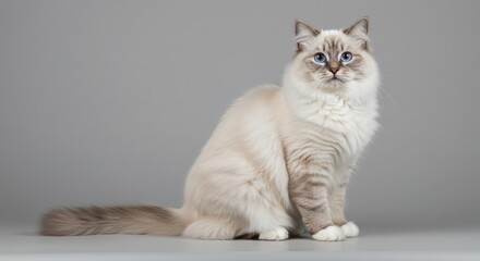 A beautiful purebred Ragdoll cat with blue eyes sitting gracefully.