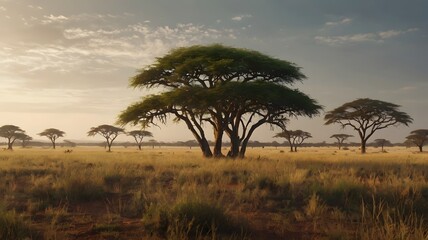Obraz premium Acacia Trees in African Savanna Sunset Landscape with Warm Lighting and Natural Atmosphere