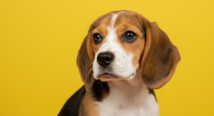 A cute beagle dog with brown and white fur looking to the side.
