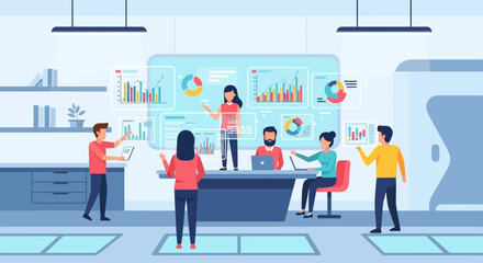 Obraz premium Business professionals collaborating and analyzing data with futuristic interactive dashboards and charts in a modern office environment