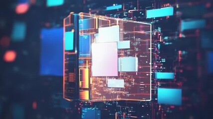 Futuristic server room processing data with glowing rectangles and lines - Powered by Adobe