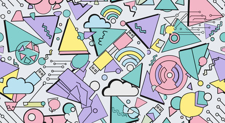 Abstract Geometric Shapes and Technological Icons Seamless Pattern Design Concept