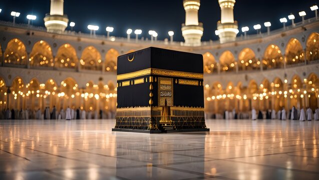 The holy kaaba in mecca saudi arabia shines under the night sky with its golden glow
