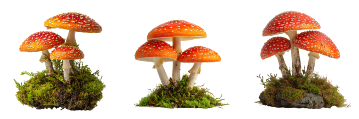 Set of Group of brown mushrooms with natural texture on transparent png background. Ai generated