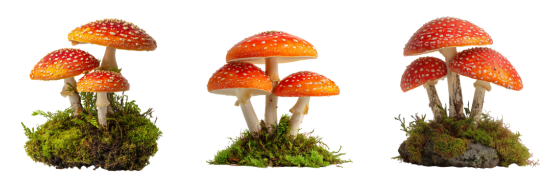 Set of Group of brown mushrooms with natural texture on transparent png background. Ai generated