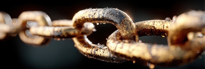 Close-up of a metallic chain link with water droplets glistening in the light during early morning hours