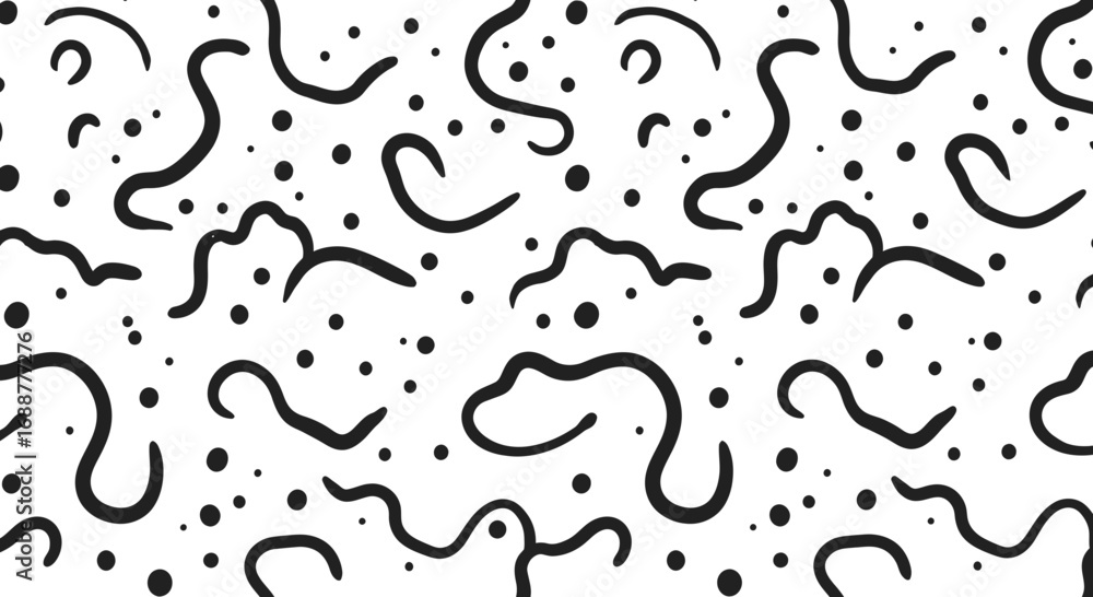 Poster seamless pattern with black lines and dots randomly scattered on a white background, concept for tex