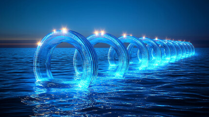 Futuristic glowing blue rings hover above calm ocean, creating mesmerizing sci fi scene. illuminated structures reflect on water, enhancing surreal atmosphere