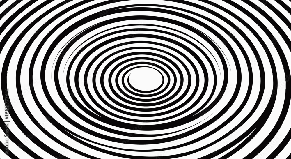 Poster optical illusion with concentric black and white rings creating a vortex effect. concept for hypnoti