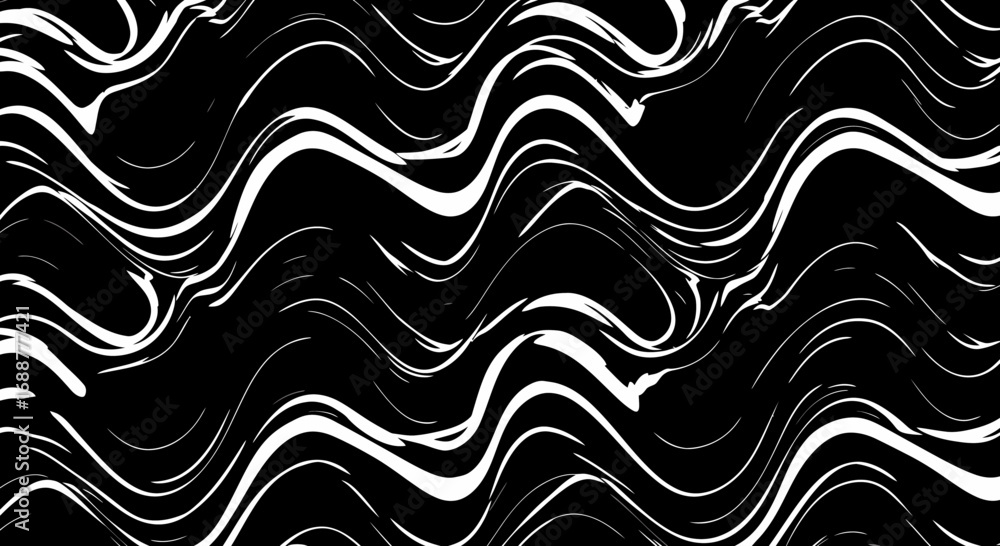 Poster abstract background with distorted white wavy lines over a black backdrop, smooth and dynamic. conce