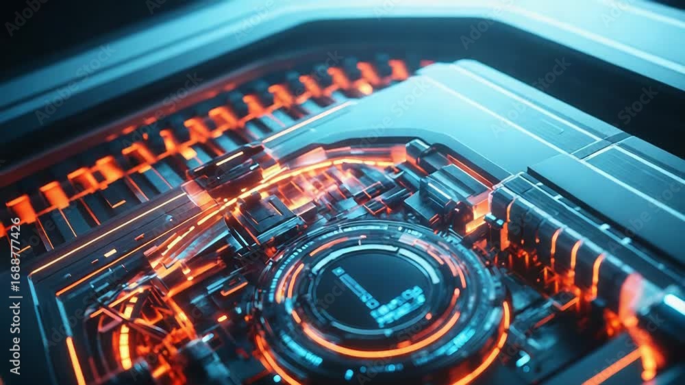 Poster futuristic cpu cooling system with neon lights illuminating complex circuitry