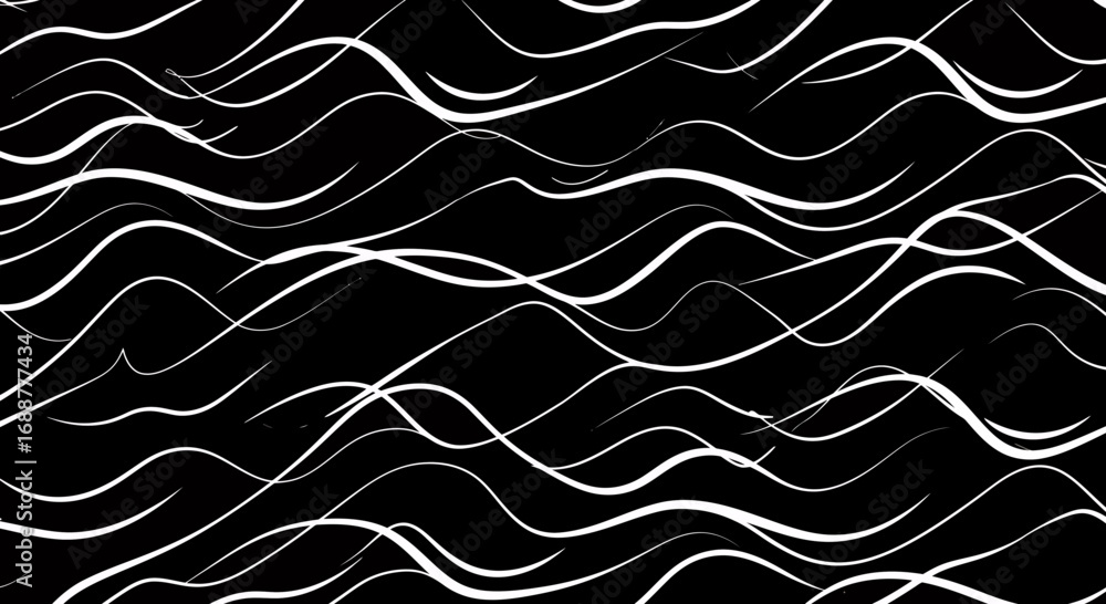 Poster elegant white wavy lines on a black background create a dynamic, flowing pattern, concept for abstra