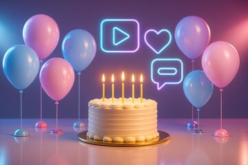 Birthday stage with cake, candles, balloons, and holographic livestream icons