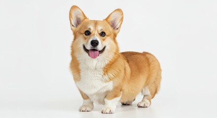 A happy Pembroke Welsh Corgi dog stands on a white background.