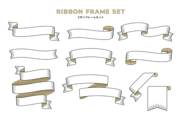 ビンテージ風の線で描いたリボンフレームセット（デザイン素材・ タイトル 見出し用・ベクター編集可能） 
