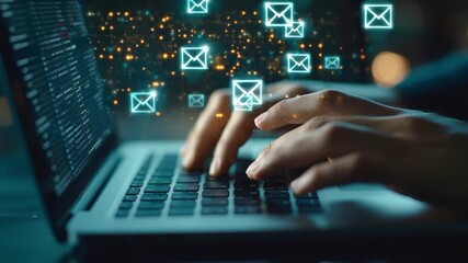 Close up of hands typing on laptop keyboard with floating email icons and notification symbols, concept of digital communication online messaging business correspondence electronic mail network techno - Powered by Adobe