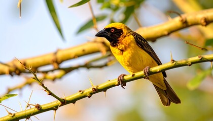 Vibrant yellow bird perched on thorny branch in nature