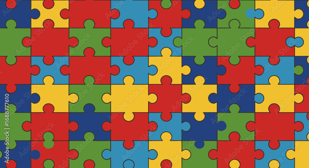 Poster seamless pattern of colorful jigsaw puzzle pieces arranged tightly together illustrating unity. conc