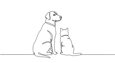 Continuous line drawing of a dog and cat sitting, minimalist art illustration style. Concept for veterinary clinic logo, pet adoption service, and animal care poster