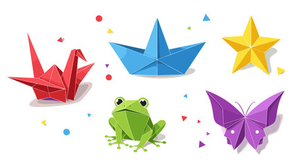 Illustration of origami figures including a crane boat frog star and butterfly