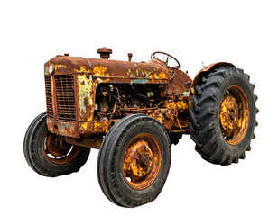 Rusty Orange and Yellow Vintage Tractor on Transparent Background