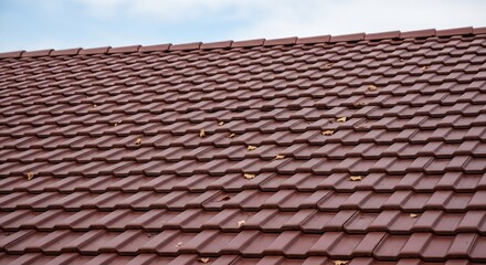 Close-up View of a Terracotta Roof with Autumn Leaves