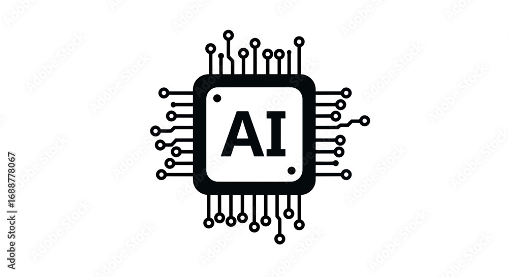 Poster black and white illustration of a computer chip with ai lettering in the center, concept for machine