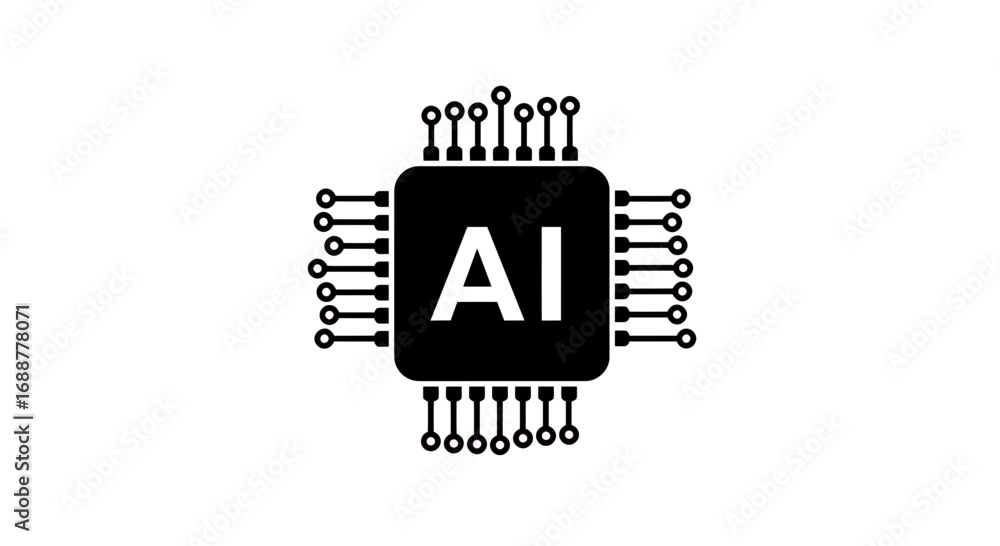 Poster black and white illustration of a chip with ai letters on it and connectors. concept for machine lea