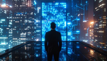 Businessman overlooking futuristic digital city skyline at night